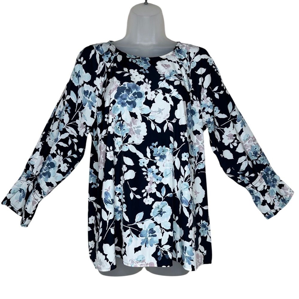 J Jill Floral Print‎ Long Sleeve Top Women's Size S Blue White Casual Blouse